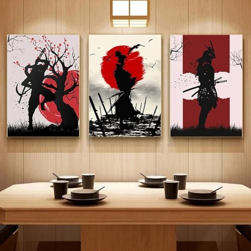 LZMASM Japanische Samurai-Bilder im Vintage-Stil, Leinwandgemälde, Druckplakate für Bar, Café, Wohnzimmer, Sofa, Wandkunst, Heimdekoration, 30 x 40 cm, 3-teilig, rahmenlos von LZMASM