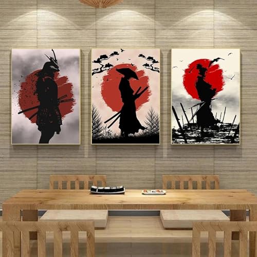 LZMASM Japanische Samurai-Bilder im Vintage-Stil, Leinwandgemälde, Druckplakate für Bar, Café, Wohnzimmer, Sofa, Wandkunst, Heimdekoration, 40 x 50 cm, 3-teilig, rahmenlos von LZMASM