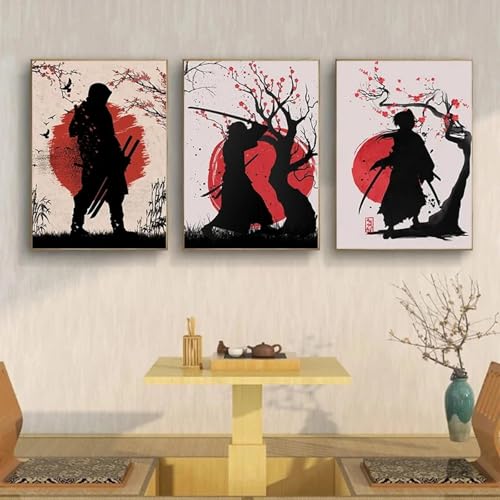 LZMASM Japanische Samurai-Bilder im Vintage-Stil, Leinwandgemälde, Druckplakate für Bar, Café, Wohnzimmer, Sofa, Wandkunst, Heimdekoration, 40 x 50 cm, 3-teilig, rahmenlos von LZMASM