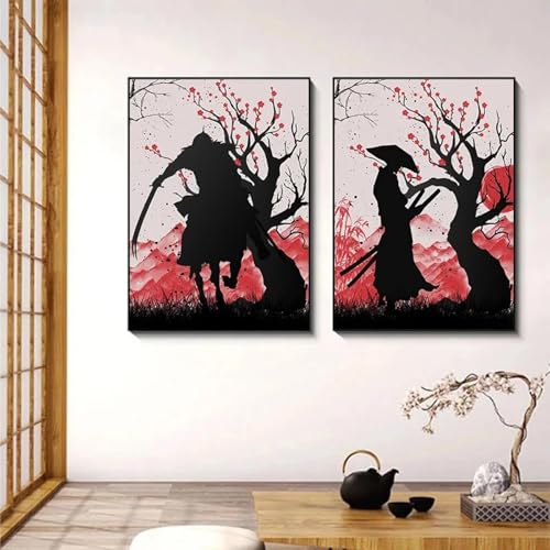 LZMASM Japanische Samurai-Bilder im Vintage-Stil, Leinwandgemälde, Druckplakate für Bar, Café, Wohnzimmer, Sofa, Wandkunst, Heimdekoration, 50 x 70 cm, 2 Stück, rahmenlos von LZMASM
