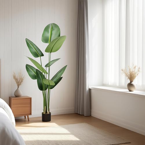 LZQ 120cm Künstlicher Ravenala mit Blättern aus Klebefolie, Große Künstliche Pflanzen für Wohnzimmer Deko, Dekorativer Kunstbaum im Plastiktopf, Plastik Pflanze für Zuhause, Balkon und Büro von LZQ