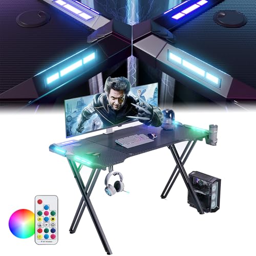 LZQ 120x60cm LED Gaming Computertisch, X-Frame Gaming Schreibtisch Ergonomischer, PC Tisch mit Getränkehalter und Kopfhörerhaken, Gaming Desk mit Kohlefaseroberfläche für Schlafzimmer Studie, Schwarz von LZQ