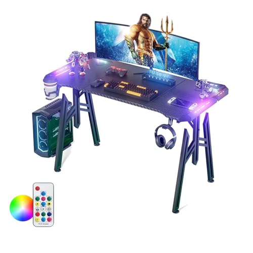 LZQ 120x60cm LED Gaming Computertisch Schwarz, PC Tisch mit Getränkehalter und Kopfhörerhaken, M-Frame Gaming Schreibtisch Ergonomischer, Gaming Desk mit Kohlefaseroberfläche für Schlafzimmer Studie von LZQ