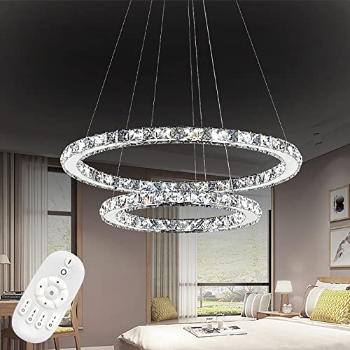 LZQ LED Moderne Kristall Kronleuchter Dimmbar Pendelleuchte Kreative Hängelampe, 2 Ringe Einstellbare Deckenleuchte Kronleuchter für Wohnzimmer Esszimmer (Dimmbar mit Fernsteuerung, 48W) von LZQ