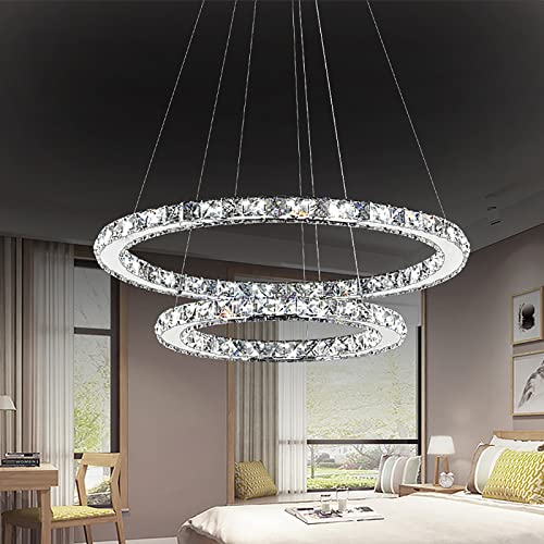 LZQ 48W LED Moderne Kristall Kronleuchter Kaltweiß Pendelleuchte Kreative Hängelampe, 2 Ringe Einstellbare Deckenleuchte Kronleuchter Schlafzimmerlampe für Wohnzimmer Küche Esszimmer von LZQ