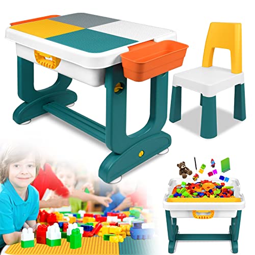LZQ 5-in-1 Kindertisch mit Stühle Set Kinder Tisch Stuhl Spieltisch mit Bausteine und 2 Stühle Doppelseitiger Tischplatte Multifunktionaler Aktivitätstisch mit Stauraum für Lernen Lernspiele von LZQ