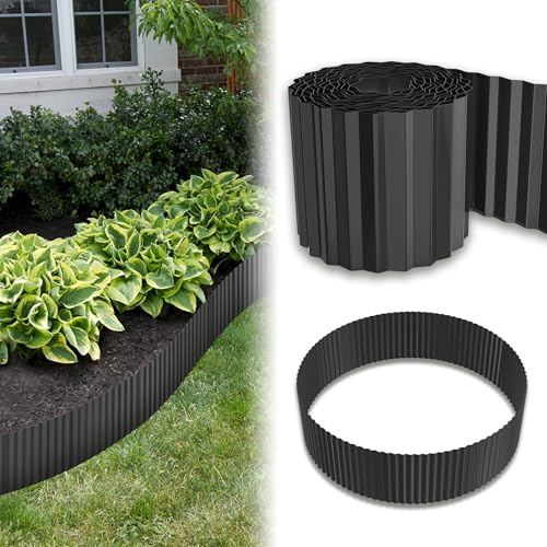 LZQ 5m x 18cm Hoch Verzinkte Wellenform Rasenkante, Flexible Beetbegrenzung, Einfach zu Montieren, Wurzelsperre oder Mähkante, Länge Anpassbar Beeteinfassung für Blumenbeet und Garten, Schwarz von LZQ