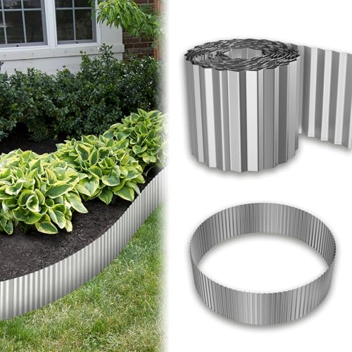 LZQ 5m x 18cm Hoch Verzinkte Wellenform Rasenkante, Flexible Beetbegrenzung, Einfach zu Montieren, Wurzelsperre oder Mähkante, Länge Anpassbar Beeteinfassung für Blumenbeet und Garten, Silber von LZQ