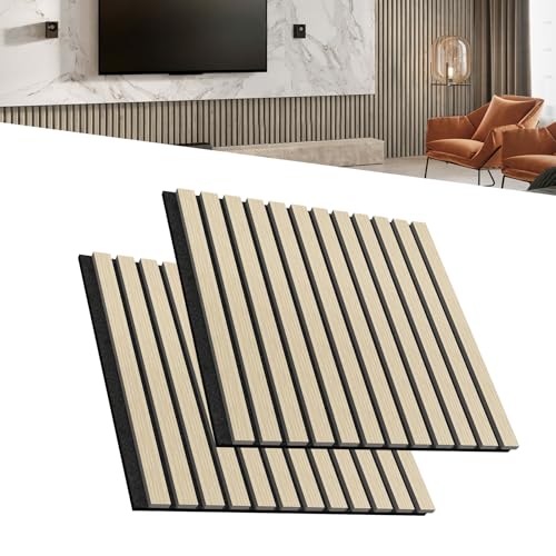 LZQ Akustikpaneele Echtholz Furnier 2er Set Wandverkleidung 60 x 60 cm Wandpaneele Lamellenwand Schalldämmung Holzpaneele Wand Akustikplatten Wanddekoration für Wohnzimmer Flur Büro (Holzfarbe) von LZQ