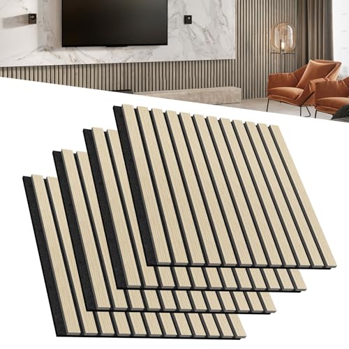 LZQ Akustikpaneele Echtholz Furnier 4er Set Wandverkleidung 60 x 60 cm Wandpaneele Lamellenwand Schalldämmung Holzpaneele Wand Akustikplatten Wanddekoration für Wohnzimmer Flur Büro (Holzfarbe) von LZQ