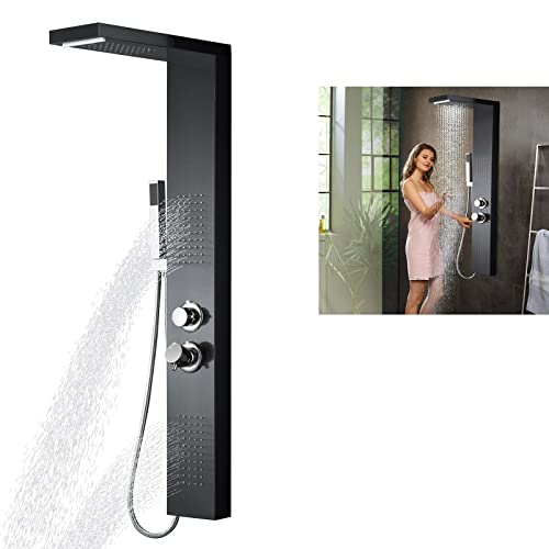 LZQ Duschpaneel Regendusche Duschsystem 304 Edelstahl Handbrause,Höhenverstellbar Duschstange,4-in-1 mit thermostat Duschpaneelsystem （Schwarz-Duschpaneel） (Schwarz) von LZQ