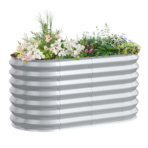 LZQ Hochbeet Metall,850L Pflanzkasten Hochbeete für Garten,Rostfreies Stahlblech Kräuterbeet, Verzinktes Gemüsebeet Pflanzenbeet zum Anbau von Gemüse, Blumen und Obst, 300x60x60 cm Oval,Silber XL von LZQ