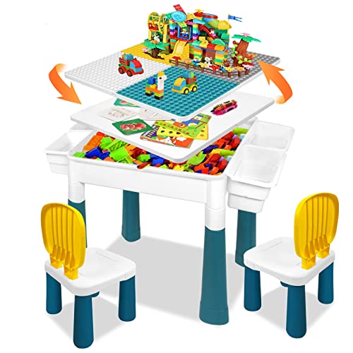 LZQ Kindertisch mit Stühle 6-in-1 Kinder Tisch Stuhl Set Multifunktion Bausteine Spieltisch mit Stauraum Doppelseitiger Tischplatte Höhenverstellbarer Geeignet für Lern-und Denkübungen von Kindern von LZQ