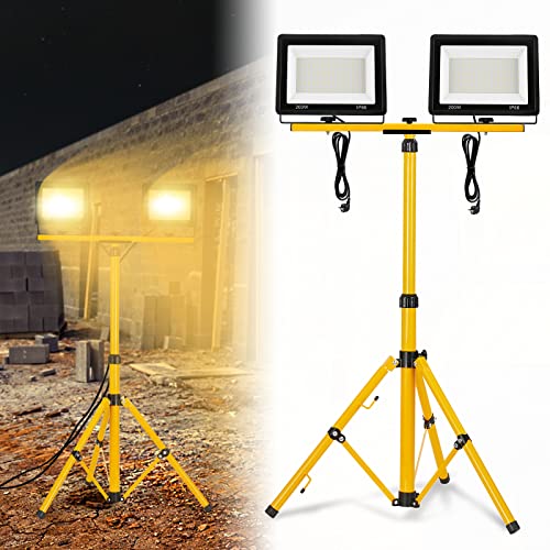 LZQ LED Baustrahler 2*200W Warmweiß Arbeitsleuchte 16000LM Scheinwerfer mit Stativ und Netzkabel, Arbeitsscheinwerfer IP66 Wasserdicht LED Fluter mit Stecker, Bauscheinwerfer für Werkstatt Baustelle von LZQ