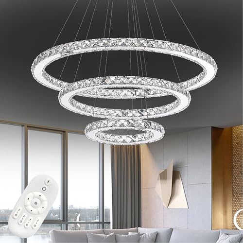 LZQ LED Moderne Kristall Kronleuchter Dimmbar Pendelleuchte Kreative Hängelampe, 3 Ringe Einstellbare Deckenleuchte Kronleuchter für Wohnzimmer Esszimmer (Dimmbar mit Fernsteuerung, 72W) von LZQ
