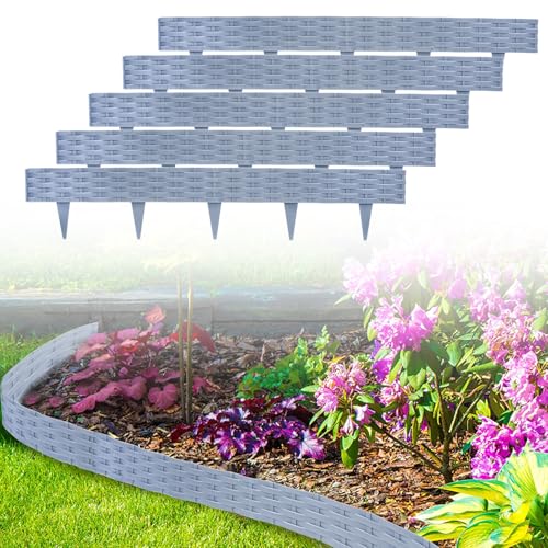 LZQ Rasenkante Beeteinfassung 5m,Biegbarer Kunststoff Beetumrandungen Rattan-Design Palisaden mit 5 Elemente á 100 cm, Grau von LZQ