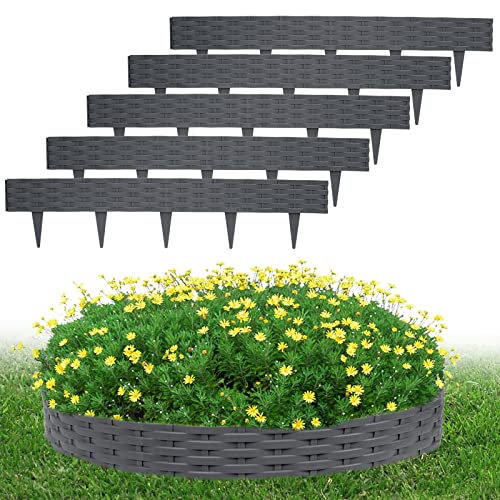 LZQ Rasenkante Beeteinfassung Rund Kunststoff, Beeteinfassung Beetumrandungen 50m Rattan-Design Palisaden mit 50 Elemente á 100 cm, Anthrazit von LZQ