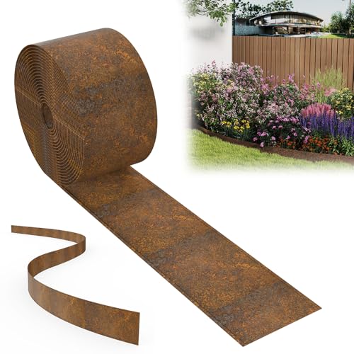 LZQ Rasenkante Metall, 14 cm Hoch, 10 m Lange, Rostfarbe, Beeteinfassung, Flexible Rasenmähkante Beetumrandung, Garten Beetbegrenzung für Blumenbeete, Hofwege, Gerade Form von LZQ