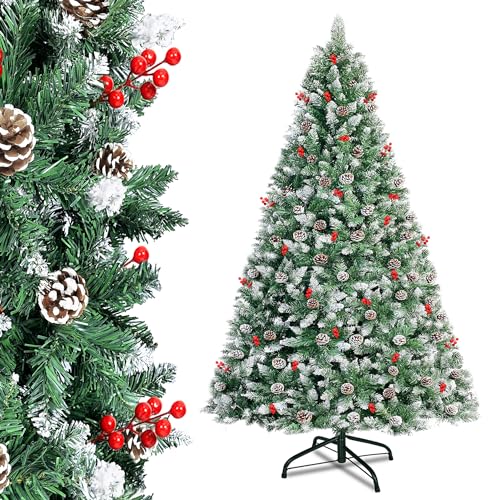 LZQ Weihnachtsbaum künstlich PVC Christbaum schwer entflammbarer Tannenbaum mit Schnellaufbau Klappsystem, inkl. Ständer Schnee-Effekt mit Kiefernzapfen 210cm von LZQ