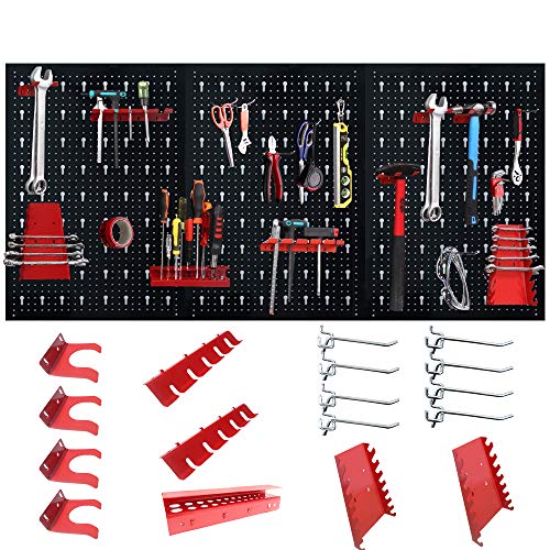 LZQ Werkzeuglochwand Werkzeugwand Lochwand aus Metall mit 17 teilge Hakenset 120 x 60 x 2 cm Schwarz und Rot Werkzeugwand Lochwand für Werkstatt von LZQ