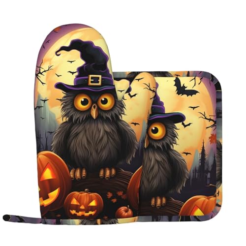 Halloween Eule Geist Kürbis Ofenhandschuhe und Topflappen Set 2 Stück Hitzebeständige Ofenhandschuhe Hot Pads Silikon Küchenhandschuhe Topflappen zum Kochen Backen Grillen von LZQPOEAS