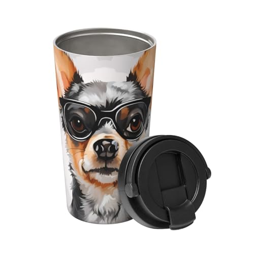 Isolierter Kaffeebecher mit Henkel Edelstahl Kaffeebecher Vakuum Auslaufsicher Reisebecher Wiederverwendbar Autobecher Chihuahua Hundebrille Kaffeetassen für Reisen Büro 500ML von LZQPOEAS