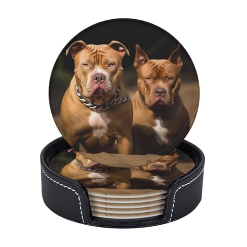 LZQPOEAS Getränkeuntersetzer mit Halter, Leder-Untersetzer, Set mit 6 Pitbull-Hunden, runde Untersetzer für Getränke, Tischschutz, Tassenmatte, Pad für Zuhause und Küche, Untersetzer-Set für von LZQPOEAS