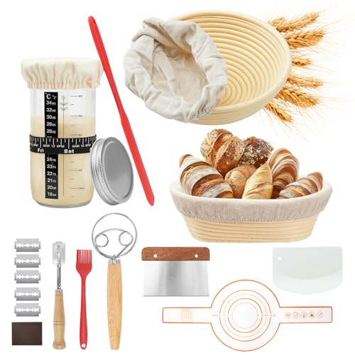 LZRBUBO Gärkorb brot Set 10-Teiliges,Sauerteig Starter Set - Inkl. 2 brot Gärkörbchen(23cm Runde und 25cm Ovale),730ml Gärglas, brot backen zubehör-Komplettset brotbacken set für Einsteiger von LZRBUBO