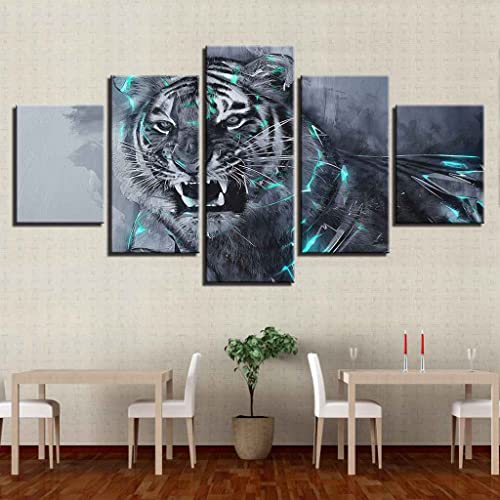 LZRNWP 5 Tafeln Groß Wand-Kunst Bild Tierbilder von Tigern Drucke auf Leinwand Bilder Öl HD Poster Kunst auf Leinwand Wandbilder Für zu Hause Moderne Dekoration Druckdekor 200x100cm Rahmenlos von LZRNWP