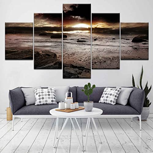 LZRNWP Wandposter dunkle wolkenstrandrifflandschaft 5 Stück HD-Leinwanddruck Poster Leinwand Bilder Wandbild für Wohnzimmer, Schlafzimmer, Club, Badezimmer, Wandkunst-Dekoration (125x60cm ohne Rahmen) von LZRNWP