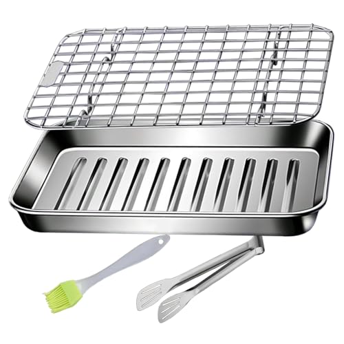 Backblech, Backblech-Set aus Edelstahl, Backblech for den Ofen mit Drahtgitter, Klammern und Ölpinsel – verzugsfeste Backbleche Metall, antihaftbeschichtetes rechteckiges, hitzebeständig(270x210mm) von LZTDSBX