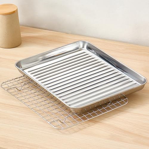 Backblech, Backblech-Set aus Edelstahl mit Kühlgitter, antihaftbeschichtete Metallbleche for Backen von Biskuitrollenformen Küchenzange und Ölpinsel, hitzebeständiges Ofenblech(410x310mm) von LZTDSBX