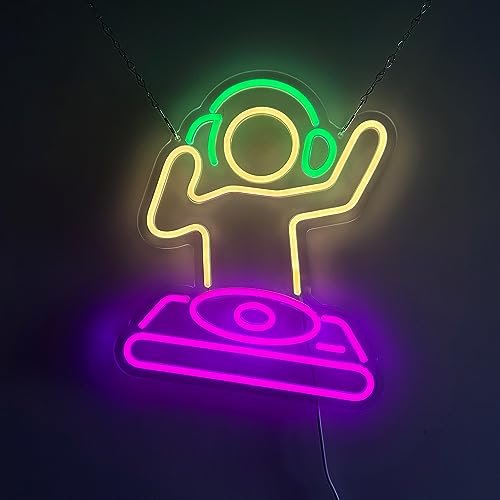 Neon Schild, DJ Boy LED Neonlicht, Gelb + Grün + Lila LED Lichtzeichen Neon Neon Schild Nachtlichter, Acryl USB Neon Sign Leuchtschrift für Wand Game Room Bar Party Deko - 40×30CM von LZXSXZ