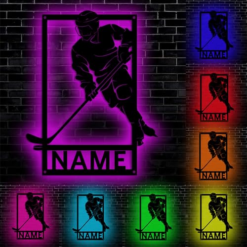 Personalisiertes FHockey Spieler Metallschild mit LED Licht, Personalisiert Hockey Wand Neon Zeichen Lampe Dekor Mit Name, Benutzerdefinierte Name und Nummer, Zimmer Deko, Weihnachten, Geburtstag von LZXSXZ