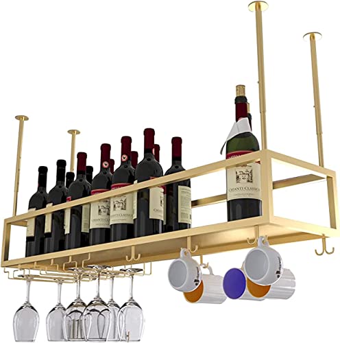 LZXVOCZC Hängeregal für Weinflaschen und Glashalter, an der Decke schwebendes Weinregal, Kelch, Stielglas, Weinliebhaber, Weindekorationsregal aus Metall, höhenverstellbar, goldene Dekoration von LZXVOCZC