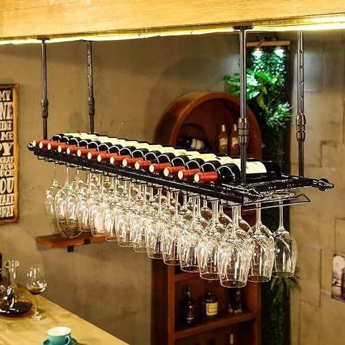 LZXVOCZC Weinglasregal an der Decke, mit Glashalter und Ablage, höhenverstellbares Weinglasregal aus Metall an der Deckenbar, Regal für Spirituosenflaschen für Bars, Cafés, Küche von LZXVOCZC