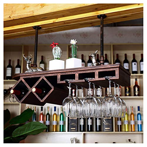 LZXVOCZC Weinregal, Weinregale, Bar-Dekor, zum Aufhängen, aus Metall, Weinglas und Flaschenhalter aus massivem Holz, hängendes Kelchregal für Küche/Bar/Restaurant, brauner Organizer von LZXVOCZC