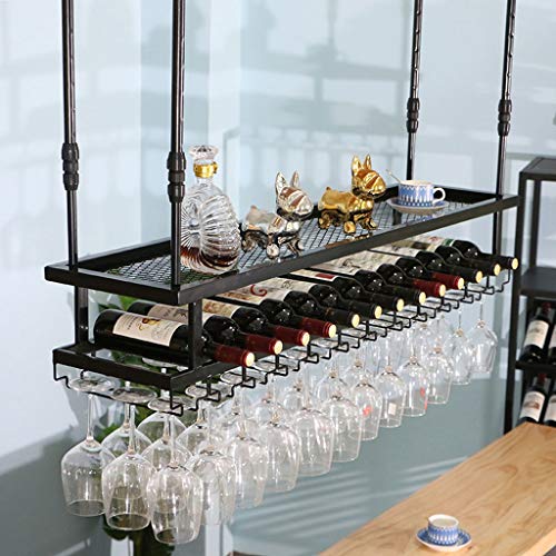 LZXVOCZC Weinregal Weinregale – schwebendes Regal im Vintage-Stil für Bars, Schwarz, zum Aufhängen unter dem Regal, umgedrehter Stielglas-Weinglashalter aus Eisen, Flaschenaufbewahrung für C-Geschirr von LZXVOCZC