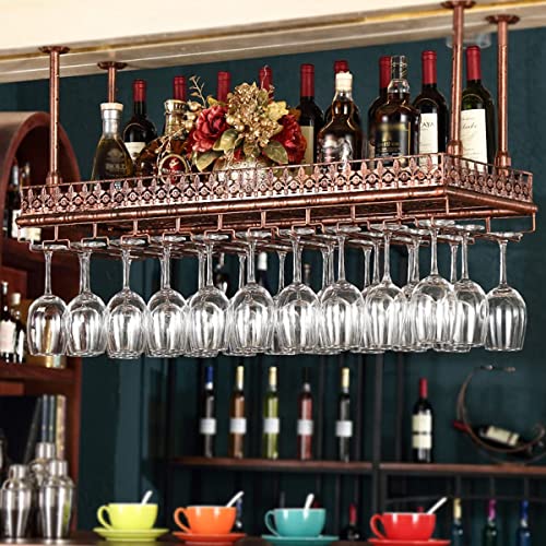 Weinregale, verstellbarer Decken-Weinhalter aus Metall, an der Wand montierter Weinflaschenhalter, hängende Weinglasregale, Kelch-Stielglas-Regale, Vintage-Wohnkultur-Regale, Bronze, 80 x 35 cm. Das von LZXVOCZC