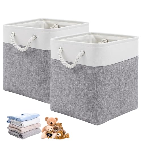 LZYDKH Aufbewahrungsboxes 33x33x33, 2 Stück Körbe Aufbewahrung Körbe Regal Fabric Storage Box Zusammenklappbare mit Griffen für Kleideraufbewahrung （Weiß/Grau） von LZYDKH