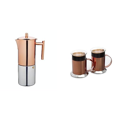 Bundle aus La Cafetière Kupfer Espressomaschine, Edelstahl, 600ml + La Cafetière Glas 200ml Glastassen mit polierter Kupferoberfläche, 2er Set von La Cafetiere