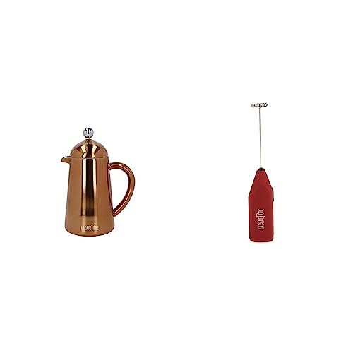 La Cafetière 2er-Kaffee-Set mit doppelwandiger Kupfer-Havanna 3-Tassen-Kaffeekanne und rotem Akku-Milchaufschäumer von La Cafetiere