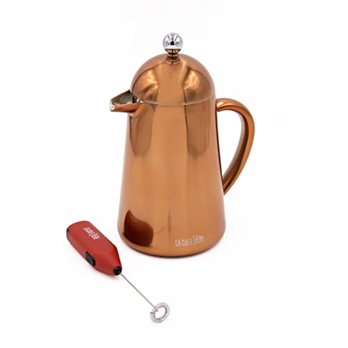 La Cafetière 2er-Kaffee-Set mit doppelwandiger Kupfer-Havanna 8-Tassen-Kaffeekanne und rotem Akku-Milchaufschäumer La Cafetière 2er-Kaffee-Set mit doppelwandiger Kupfer-Havanna 8-Tassen-Kaffeekanne und rotem Akku-Milchaufschäumer von La Cafetiere