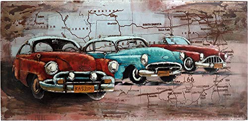 Handgefertigtes Metallbild verschiedene Größen Kunst Bild 3D-Optik Wandbild (Oldtimer 3er rot-türkis-rot (ca. 140x70 cm)) von La Casa di Caesar