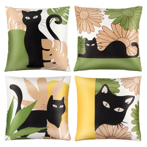La Desire 4-teiliges Lendenkissenbezug-Set mit schwarzer Katze – Dekorative Kissenbezüge für Sofa und Bett, mit lustigen Kätzchen-Motiven, ideal als Heimdekoration, 45,7 x 45,7 cm von La Desire