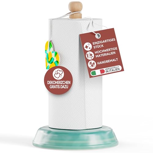 Rotolina™ | Exklusiver Küchenrollenhalter stehend aus Keramik und Holz | handgefertigt in Italien | Papierrollenhalter für Jede Küchenrolle | Dein perfektes Küchenzubehör (Türkis) von La Fabbrica di Maria
