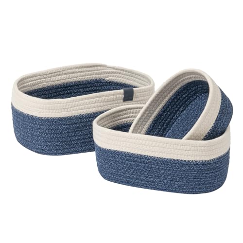 LA JOLIE MUSE Rope Storage Baskets for Organizing, Kleiner gewebter Baumwollkorb für Badezimmer Regal Kinderzimmer, Dekorativer Korb Organizer-Behälter 3er-Pack, Blau und Weiß von La Jolíe Muse