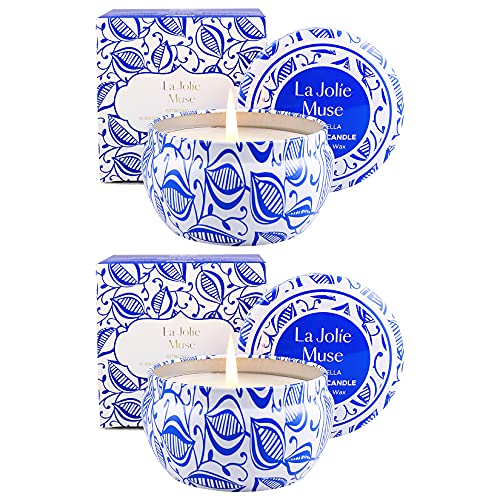 La Jolíe Muse Citronella Kerzen in Dose 2er Set, 185g*2 (6.5oz*2) Sojawachs Zitronellöl Outdoor Kerze, 35-45 Std*2, Kerze Geschenkset von La Jolíe Muse