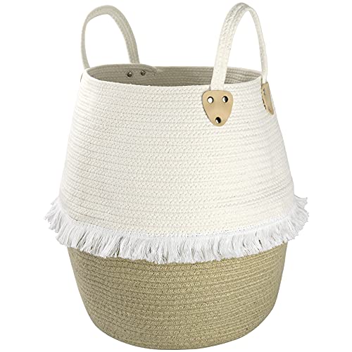 La Jolíe Muse Wäschekorb Aufbewahrungskorb aus Baumwolle Seil, Kinderzimmer Wohnzimmer Badzimmer, Wäschesammler, Groß Stabile mit Griff, H40 x D38cm Cremefarben von La Jolíe Muse