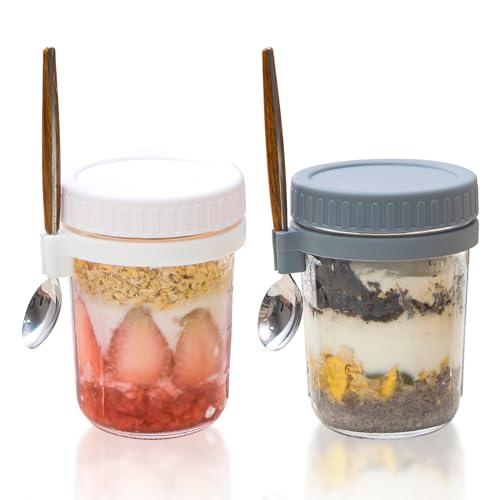 La Llareta 2 Stücke 350ml Overnight Oats Container mit Löffel, Oats-Behälter Wiederverwendbar, Müslibecher mit Messmarken, für Milch, Getreide, Obst, Weiß und Grau von La Llareta